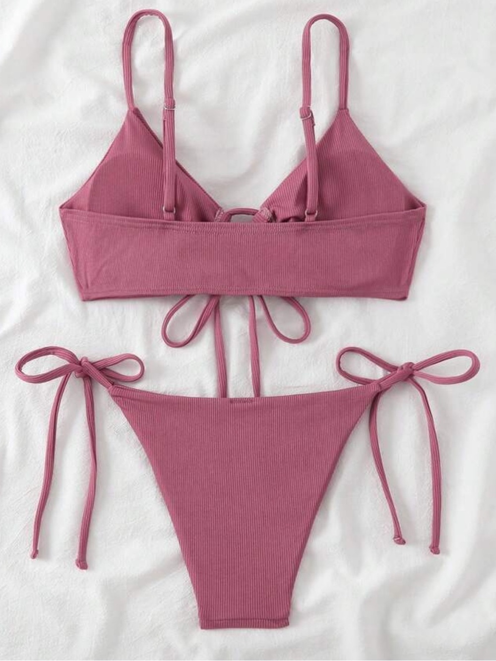 Tie-Front Ribbed Bikini Set in Mauve Pink - Picture 2 of 3